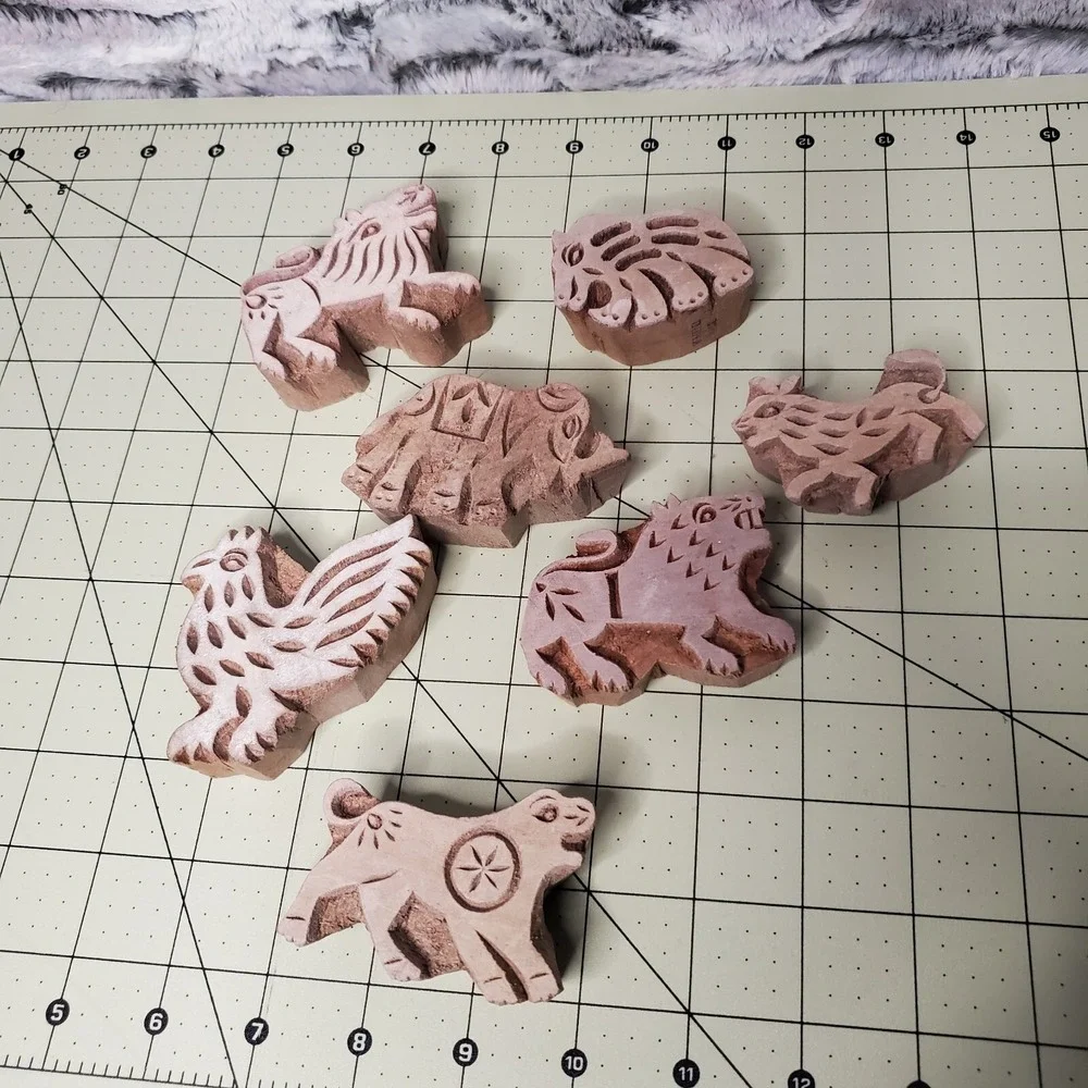 Lot of 7 Carved Animal Wooden Block Figures Wolf Boar Bird Elephant Detailed